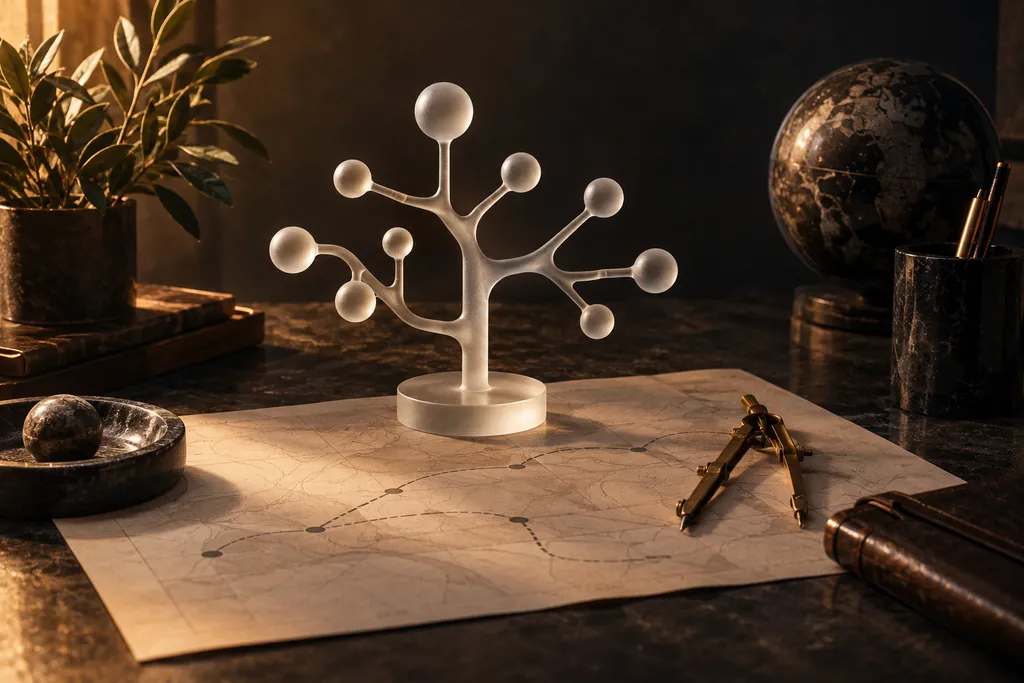 A branching glass model beside a roadmap and drafting compass.