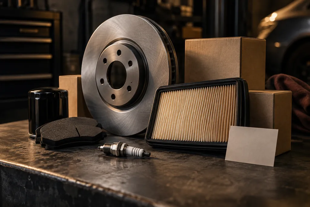 A brake disc, filter and spark plug arranged as catalogue products.