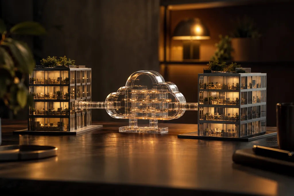 Company office models connected through a shared software model.