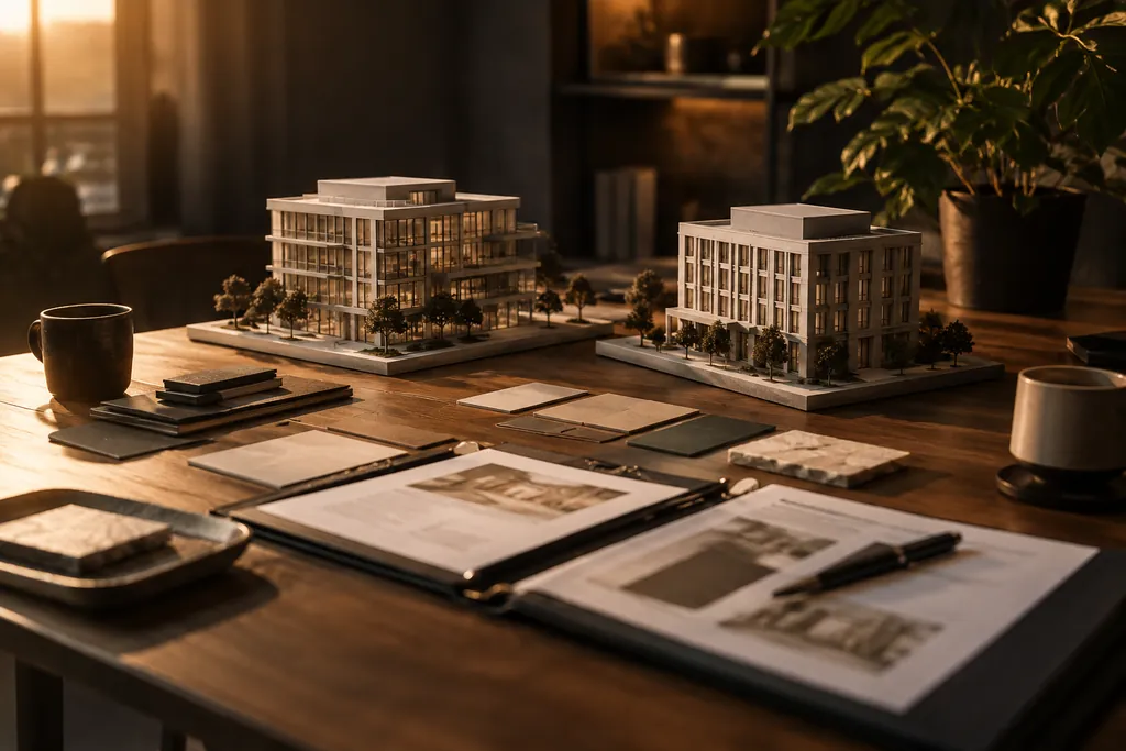 Company models and procurement-stage cards on a planning table.