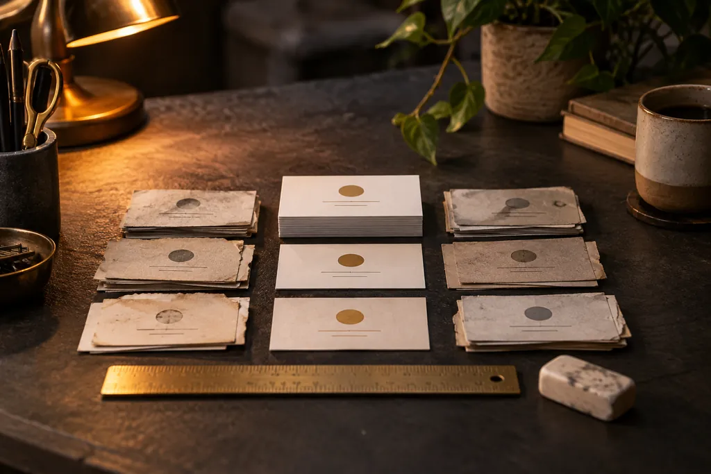 Duplicate business cards aligned against a master reference card.