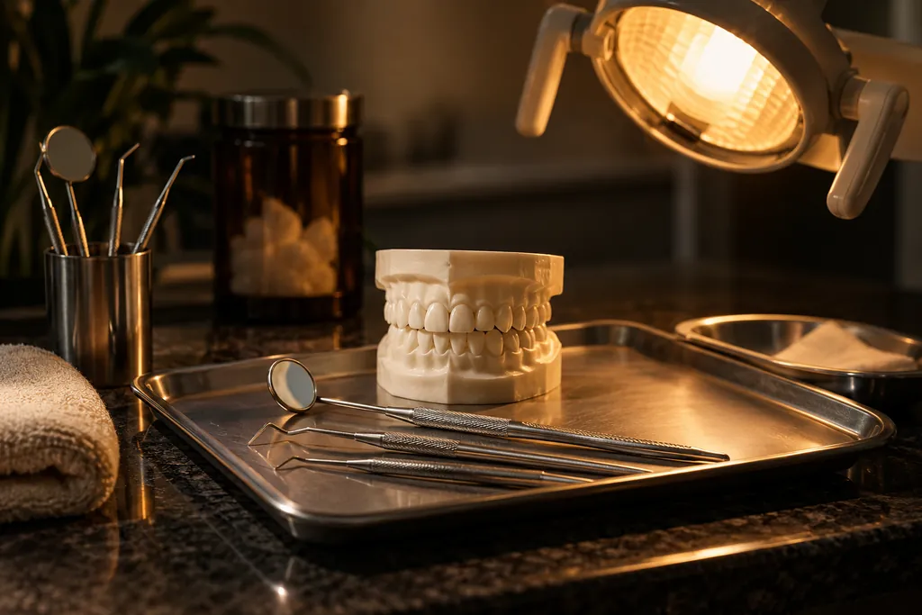 Dental mirror and instruments beside a model of teeth.