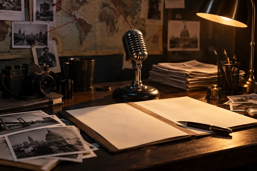 A microphone and press folder beside photographic research materials.