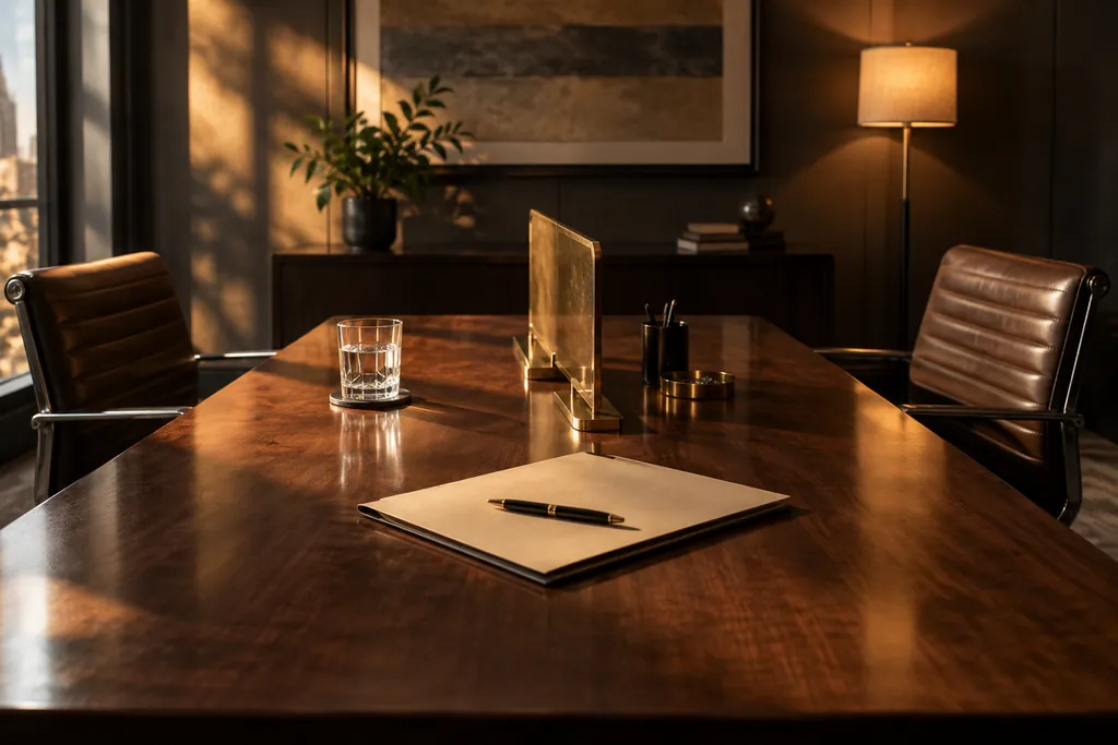 Empty meeting chairs and a contract folder on a conference table.