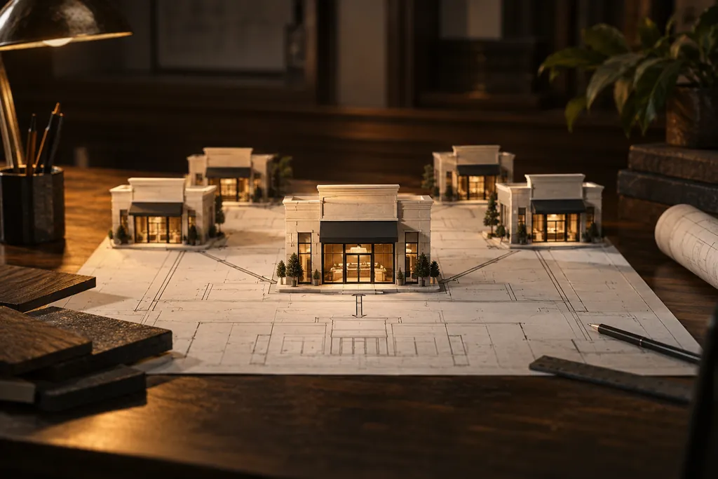 Matching storefront models around a shared blueprint.