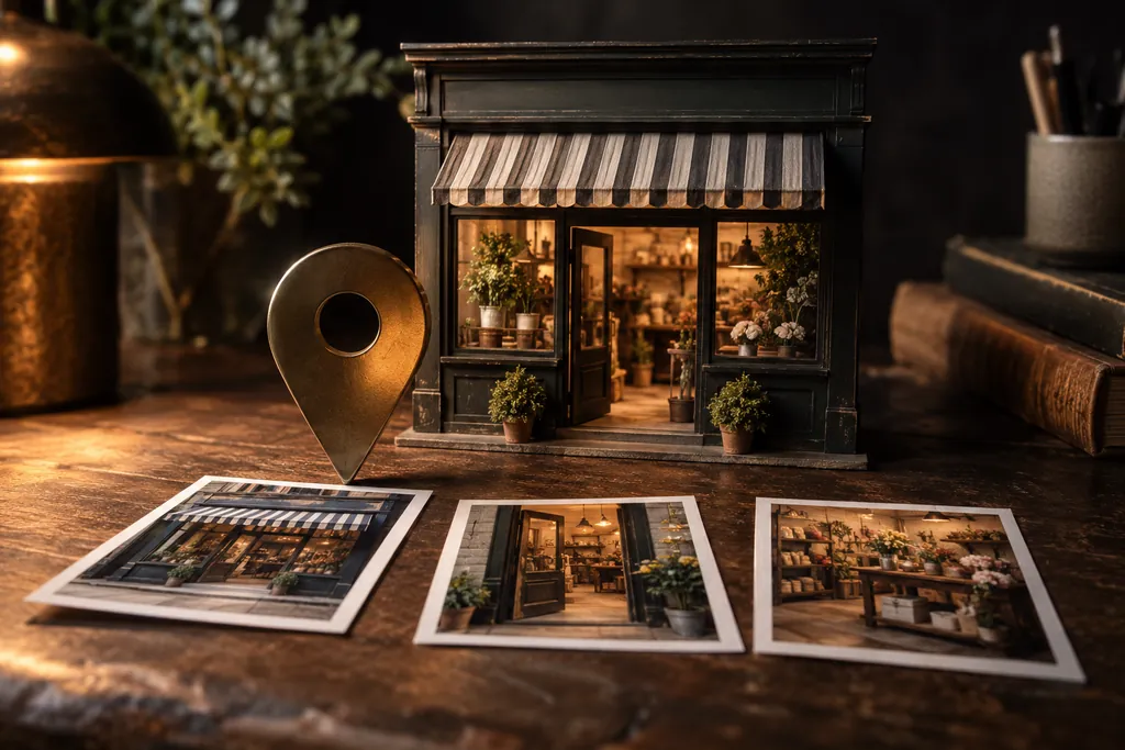 A storefront model with a location marker and business photographs.