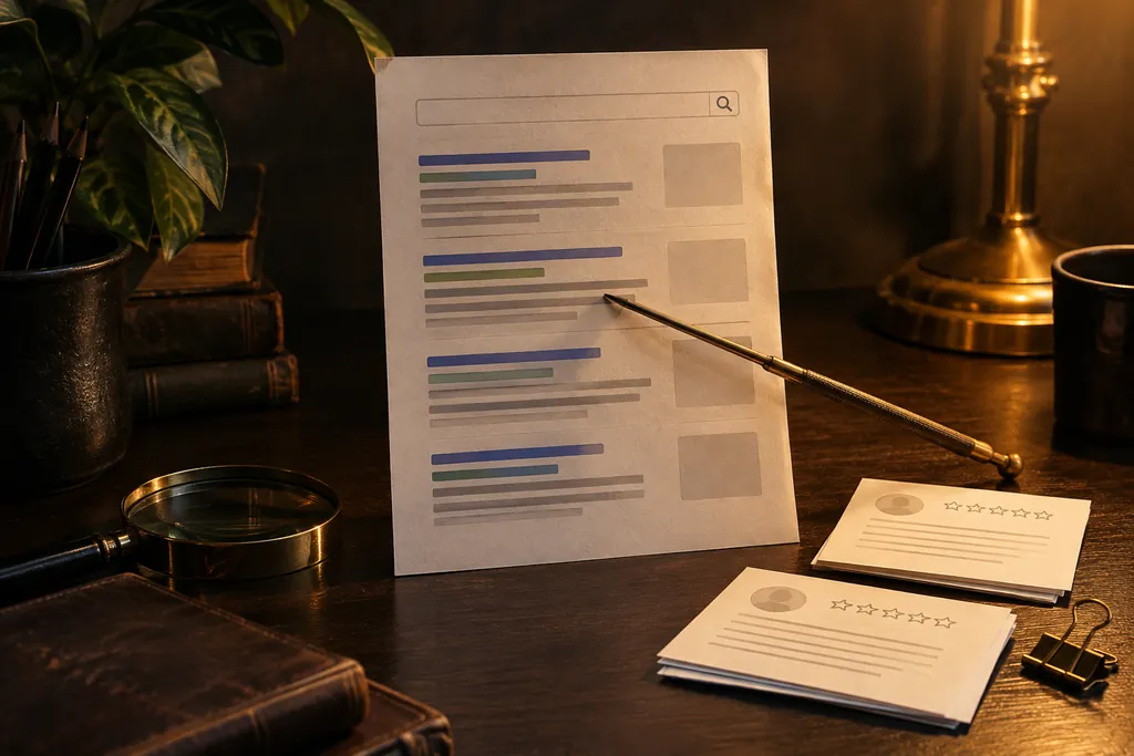 A paper search-results mockup beside review cards.