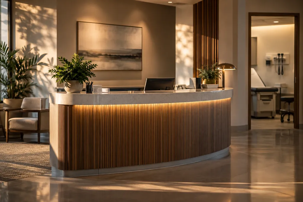 A quiet healthcare reception interior with neutral medical equipment.