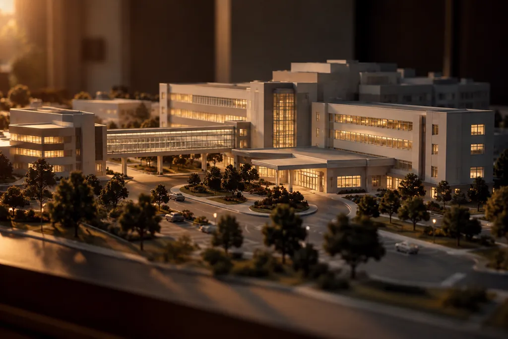 A model of a hospital campus with connected wings.