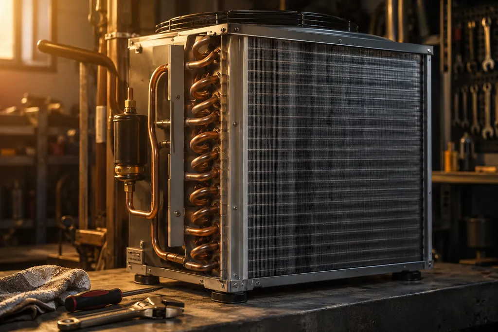 An HVAC condenser coil and copper tubing in a workshop.
