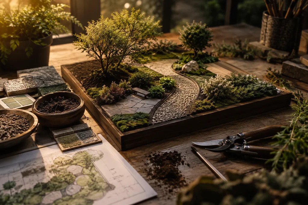 A miniature garden design beside pruning shears and soil samples.