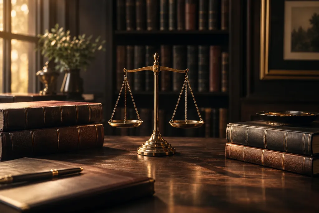 Brass balance scales and leather-bound law books.