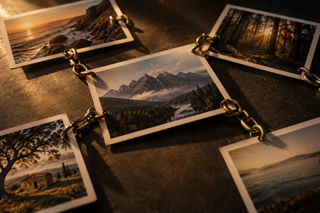 Editorial prints connected by brass links.