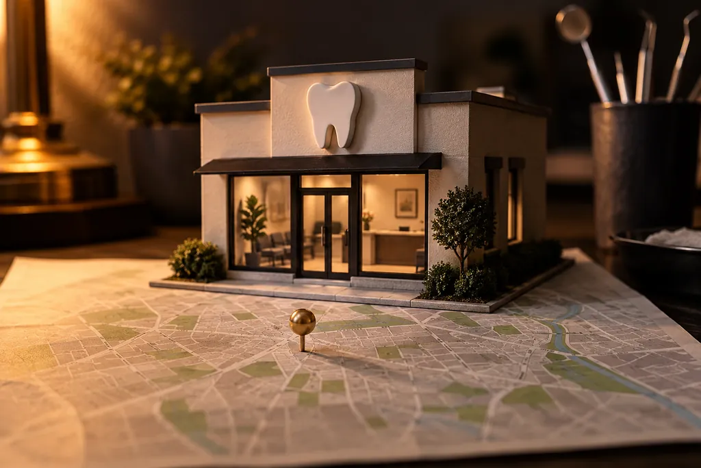 A dental-practice storefront model beside a neighborhood map.