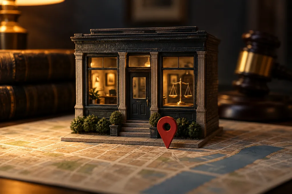 A neighborhood legal office model with a brass location marker.