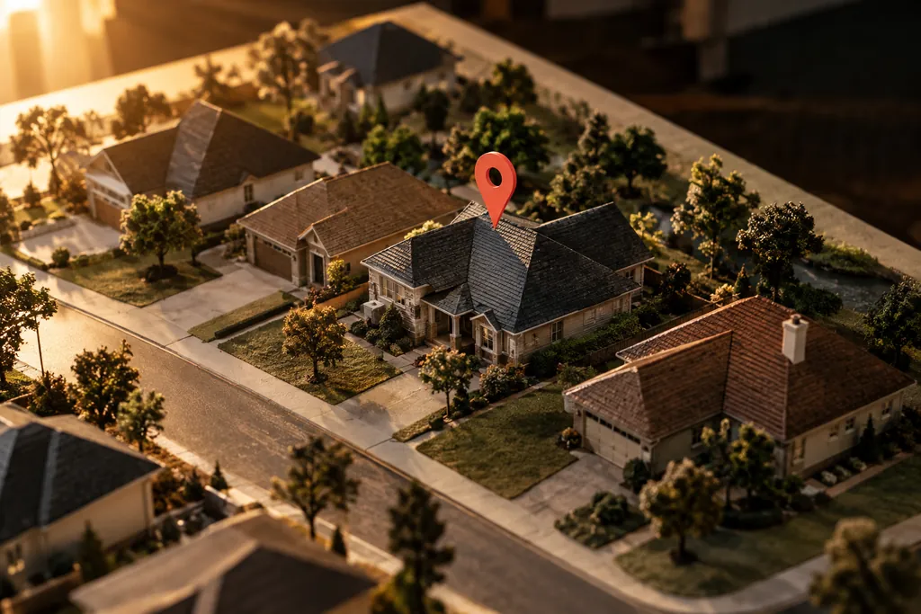 A miniature roofscape with a marked local service area.