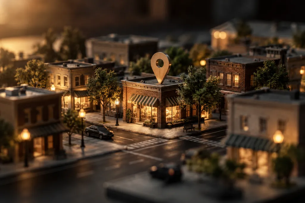 A brass location marker above a miniature neighborhood storefront.