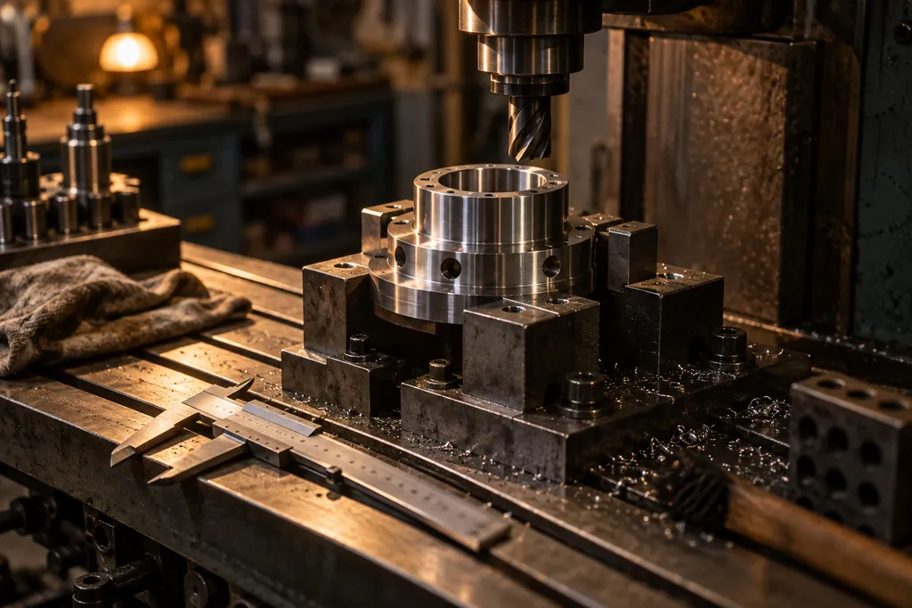 A machined metal component in a fixture beside calipers.