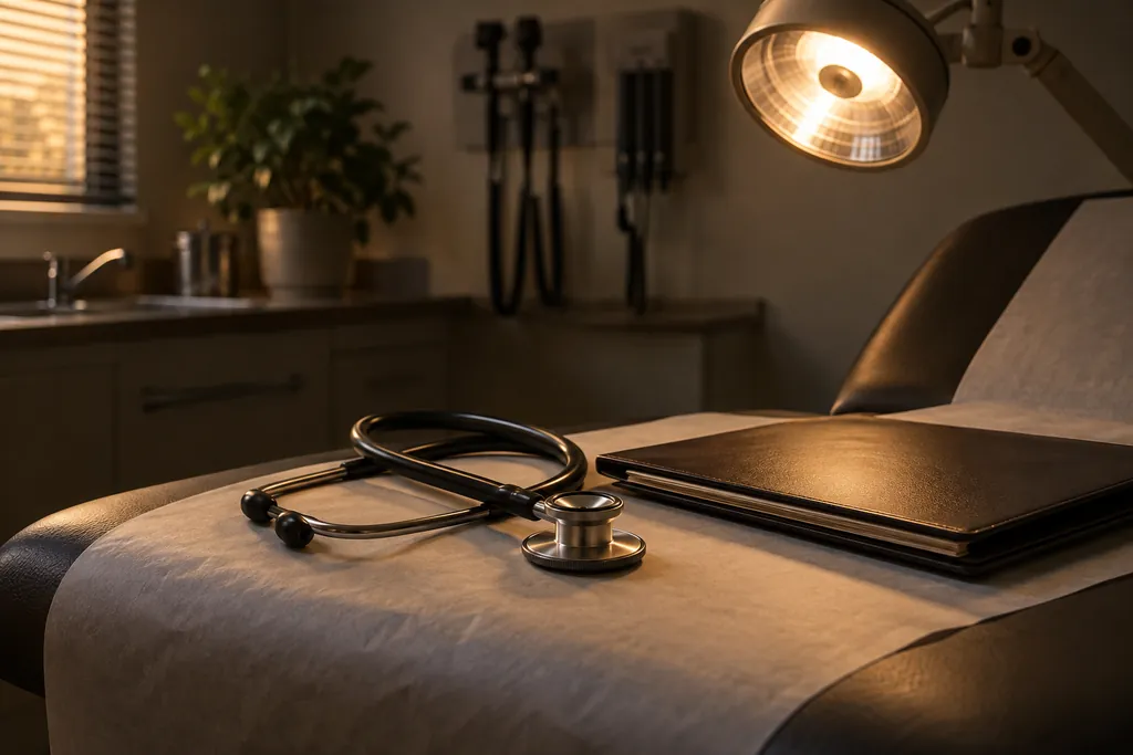 A stethoscope and blank appointment folder in an examination room.