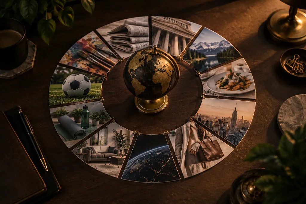 An editorial planning wheel with linked publication prints.