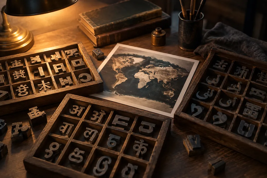 Typesetting trays and abstract glyphs beside an editorial print.