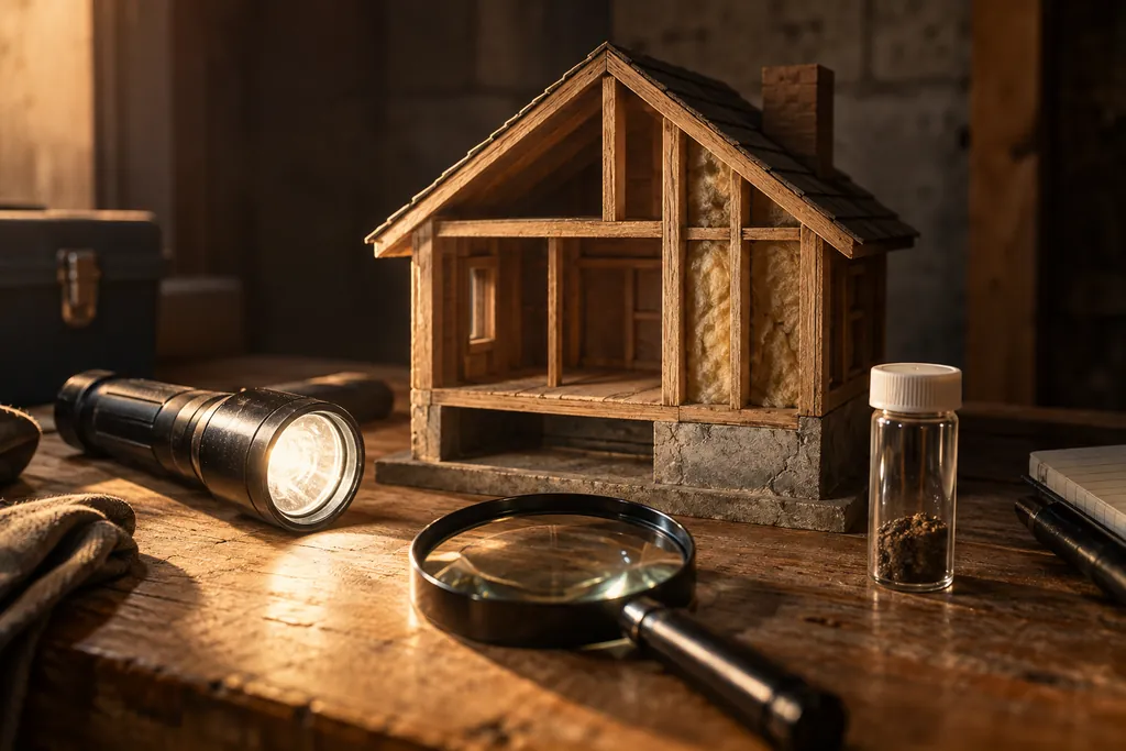 Inspection tools beside a wooden cross-section of a house.