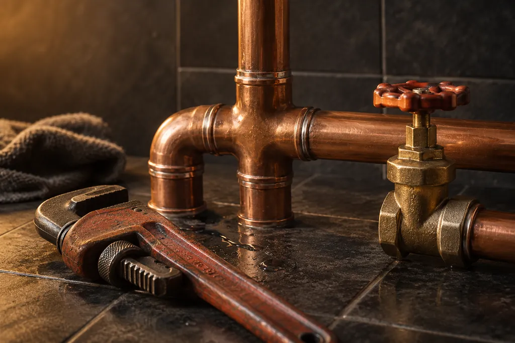 Copper plumbing fittings, a pipe wrench and a brass valve.