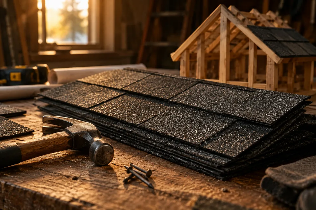 Roof shingles and a roofing hammer beside a roof frame.