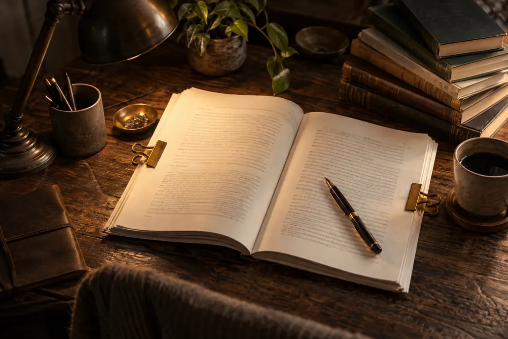 A long-form manuscript beside a pen and reference books.