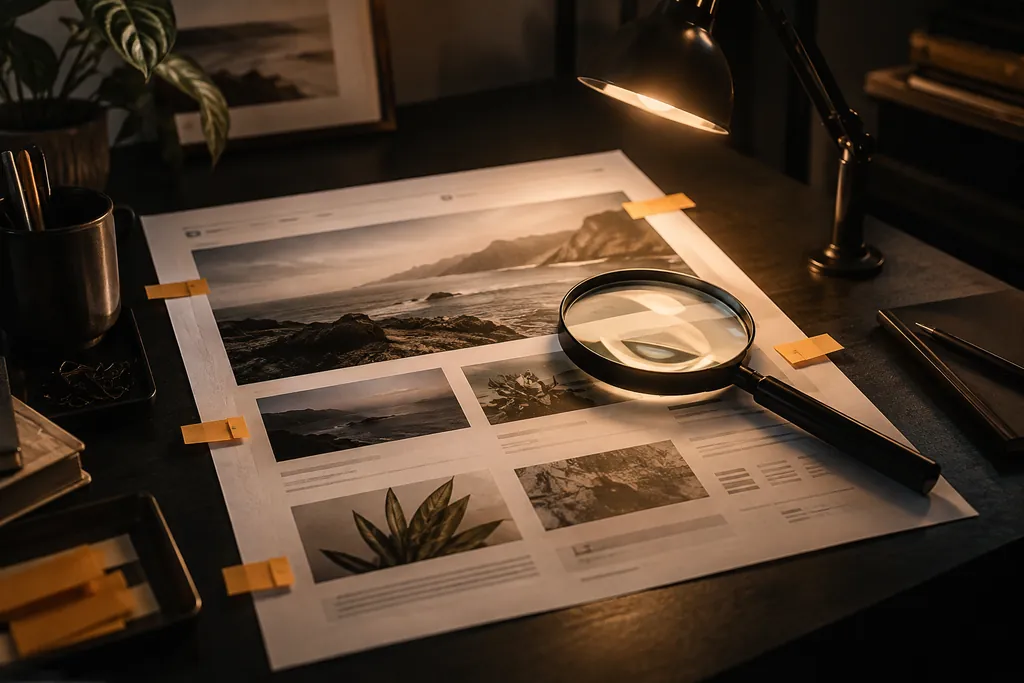 A magnifying glass inspecting a website print with paper tabs.