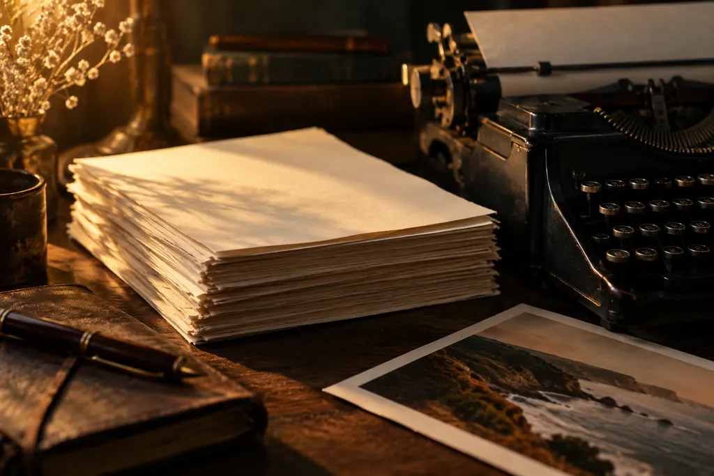 Manuscript sheets, an editorial photograph and a typewriter.