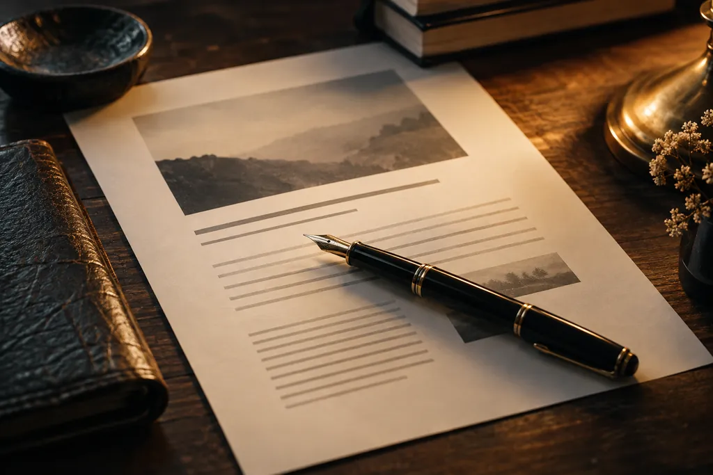 A fountain pen resting on a carefully composed page layout.