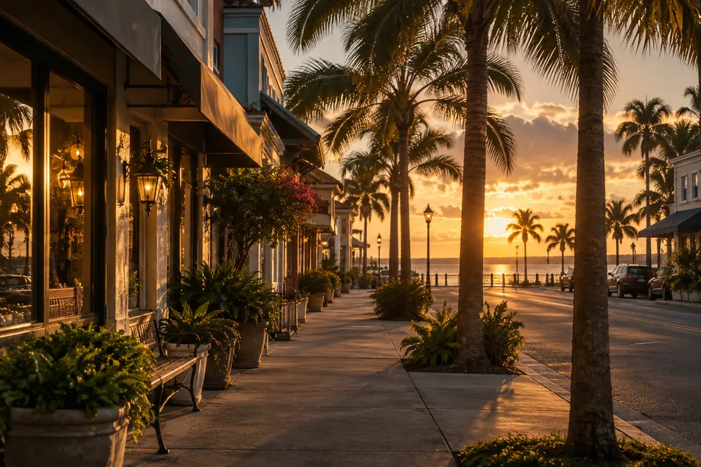 Palm-lined Florida storefronts in warm evening light.
