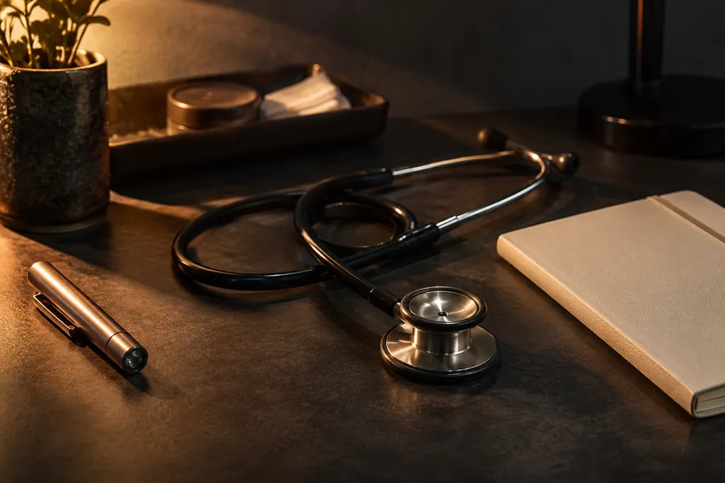 A stethoscope, penlight and notebook arranged on a desk.