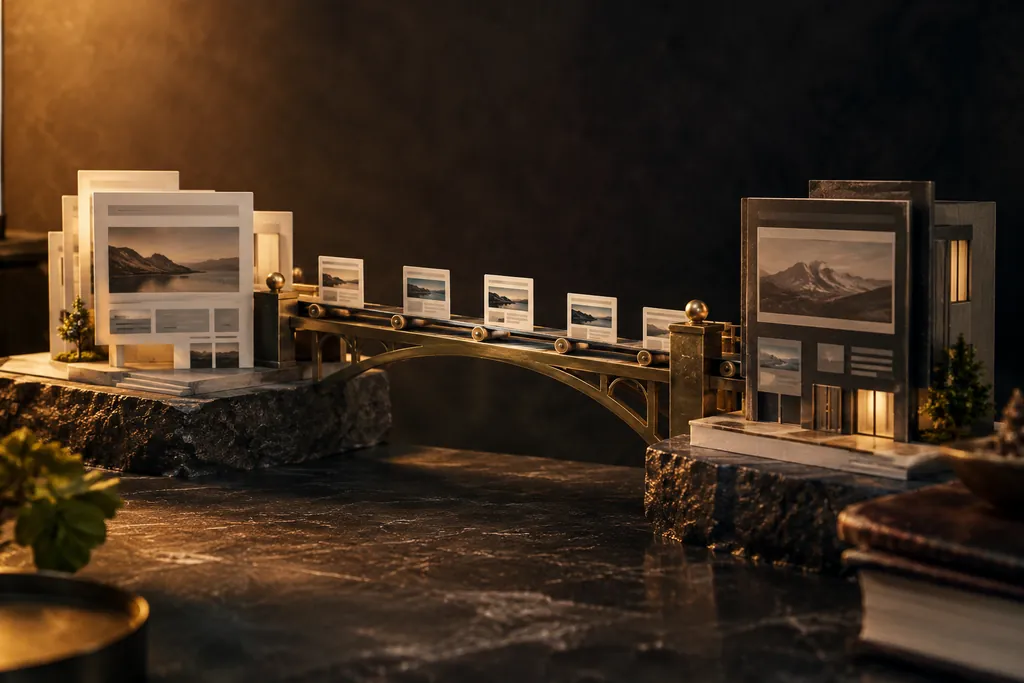 Two website models joined by a bridge carrying page tiles.