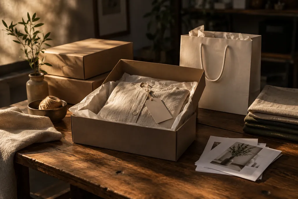 A packing station with product photographs, linen and shipping boxes.