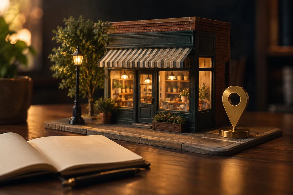 A corner shop model with a local marker and notebook.