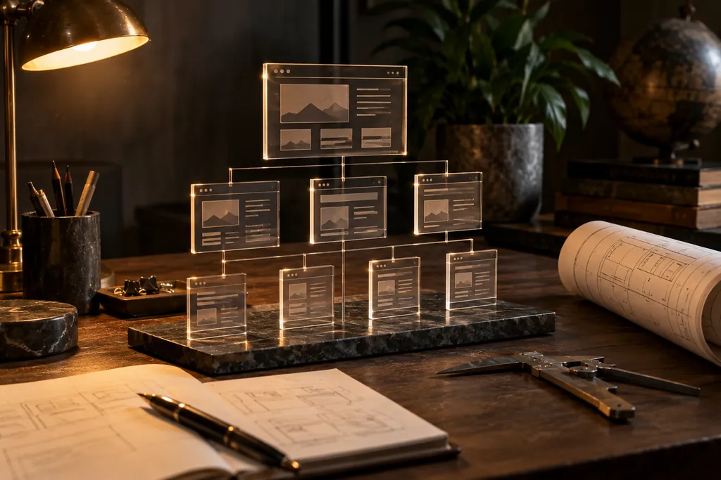 A website architecture model beside calipers and an implementation plan.