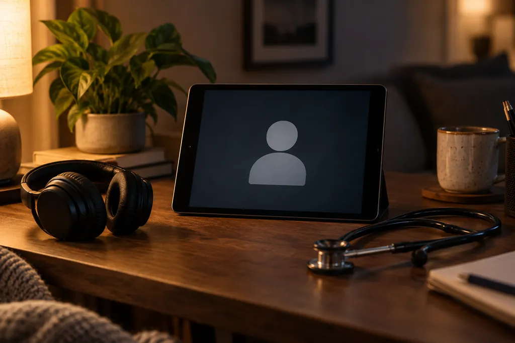 A tablet, headphones and stethoscope on a telehealth desk.